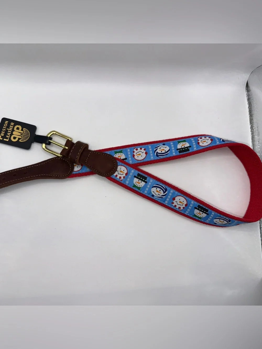 Preston Leather Snowman Holiday Belt Solid Brass Buckle Kids Size 24 Made in USA